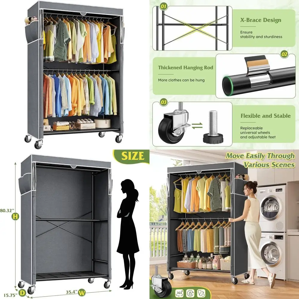 

Прочная переносная вешалка для одежды с чехлом, 35.4Шх15.75Гх80.32В, передвижная вешалка для одежды, черная