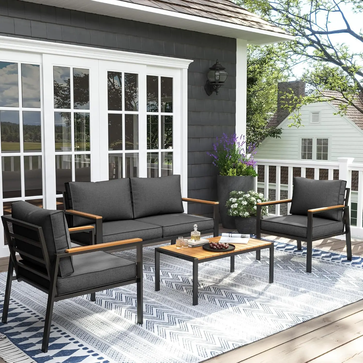 Metal Patio Furniture Set, Modern Conversation Set w/Table, Thick Washable Sponge Cushion, Grey, 4 PCS, Customized