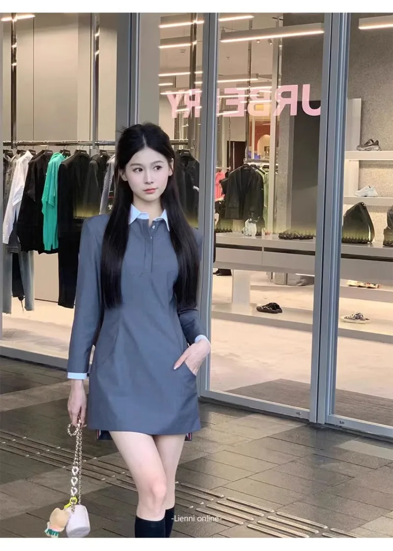 Gefälschte Zweiteilige Sets Mode Patchwork Langarm Bluse Kleider für Frauen High Street Trendy Elegante Dünne Hemden Minikleid