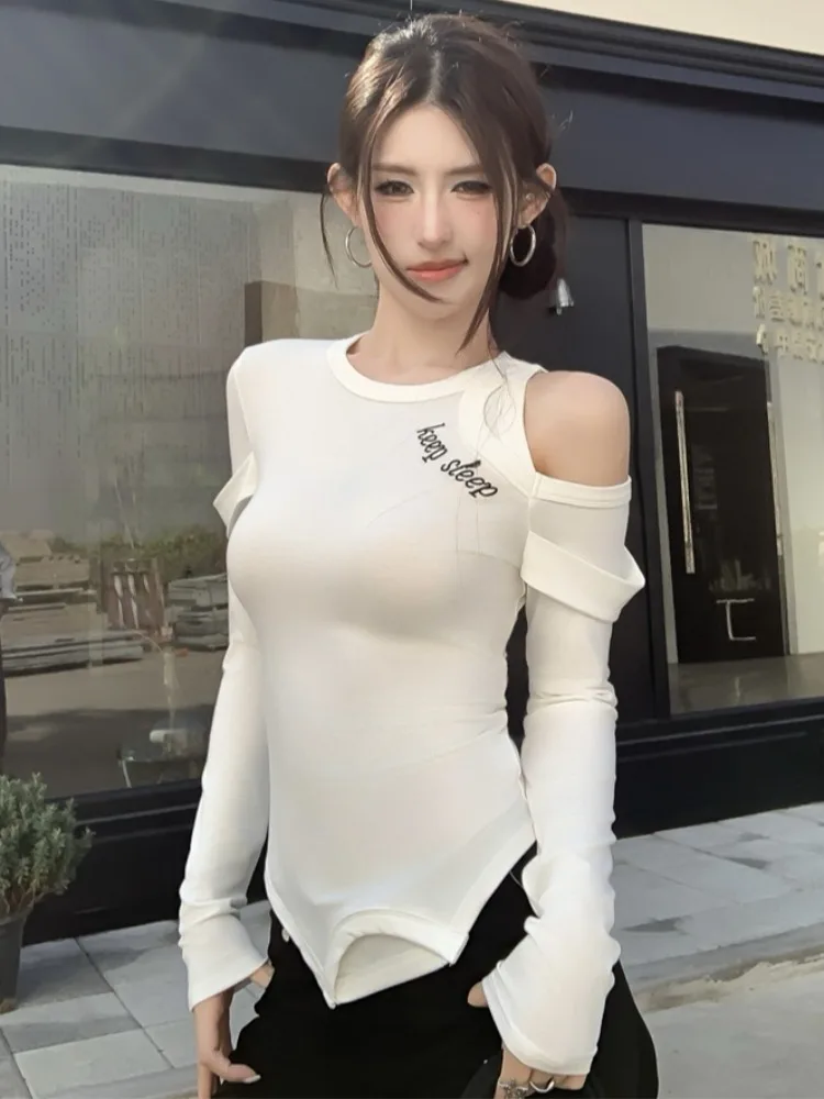 

Spicy Girl Asymmetric Fake Two-Piece Embroidered Long Sleeve T-Shirt Women's Slimming Design Spring Autumn New Style Top