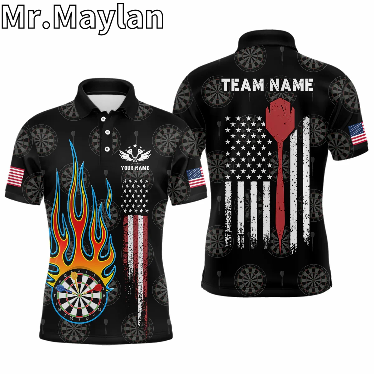 3D Flame Darts American Flag Mens Darts Polo Shirt For Men Custom Patriotic Dart Team Jerseys  Gift For Darts Lovers Unisex Tops