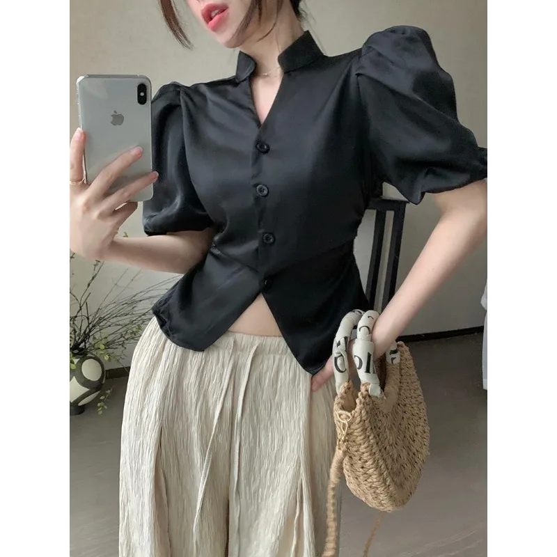 Deeptown Vintage Black Satin Women\'s Tunic Blouses Backless Short Puff Sleeve Korean Fashion Female Shirts Slim Summer Old Money