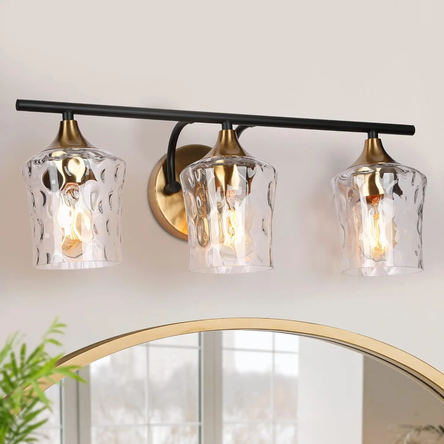 Black Gold Vanity Light Fixture, 3-Light Modern Bathroom Vanity Light Fixtures With Hammer Glass Shades, 20” X 7” X 7”