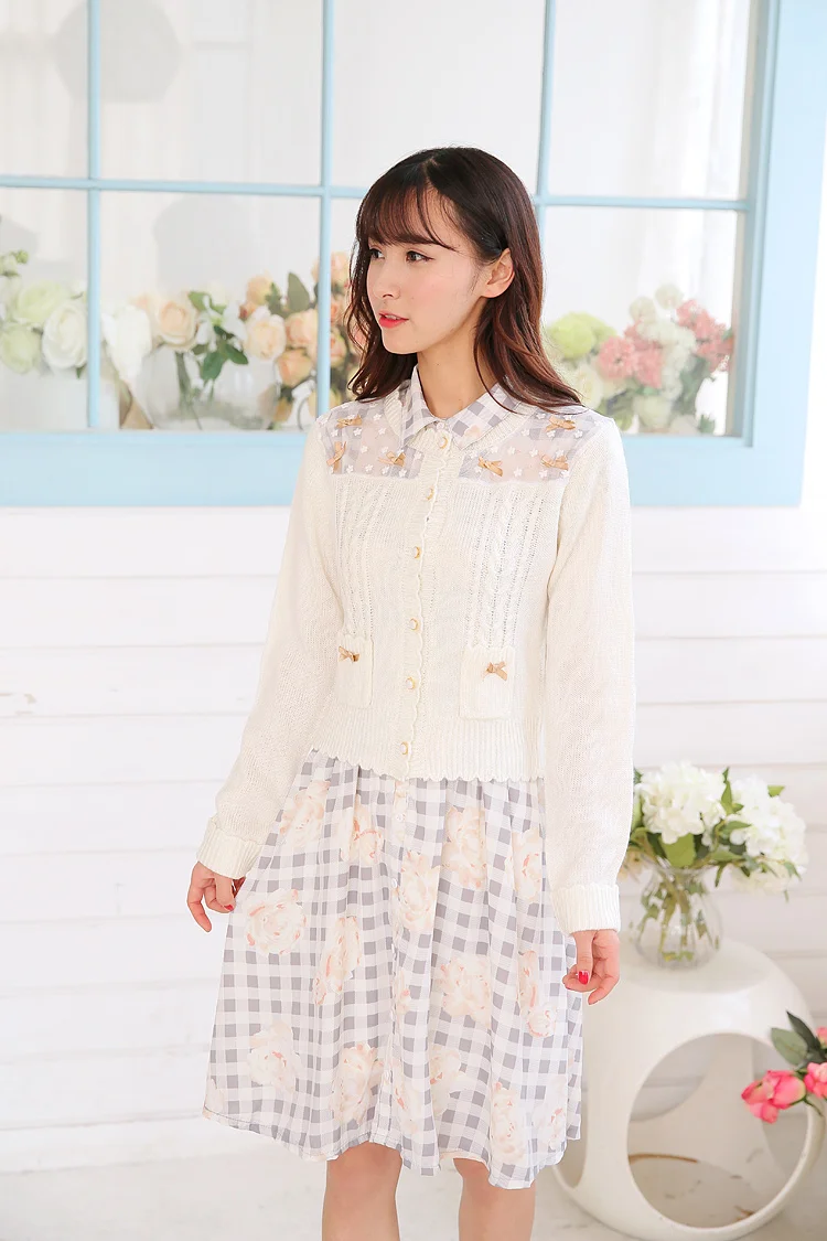 Sales Japan Style Sweet Girl Candy Color Bows Decorated Lace Mesh Jacquard Cardigan Sweater