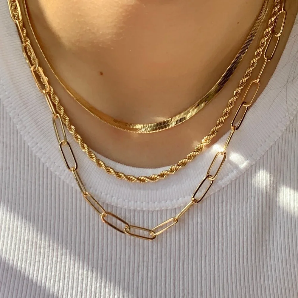 Long Layered Chain Set Chains Girls Collars 316L Stainless Steel Jewelry Snake/twist/Paperclip Necklace Gold Color Accessories