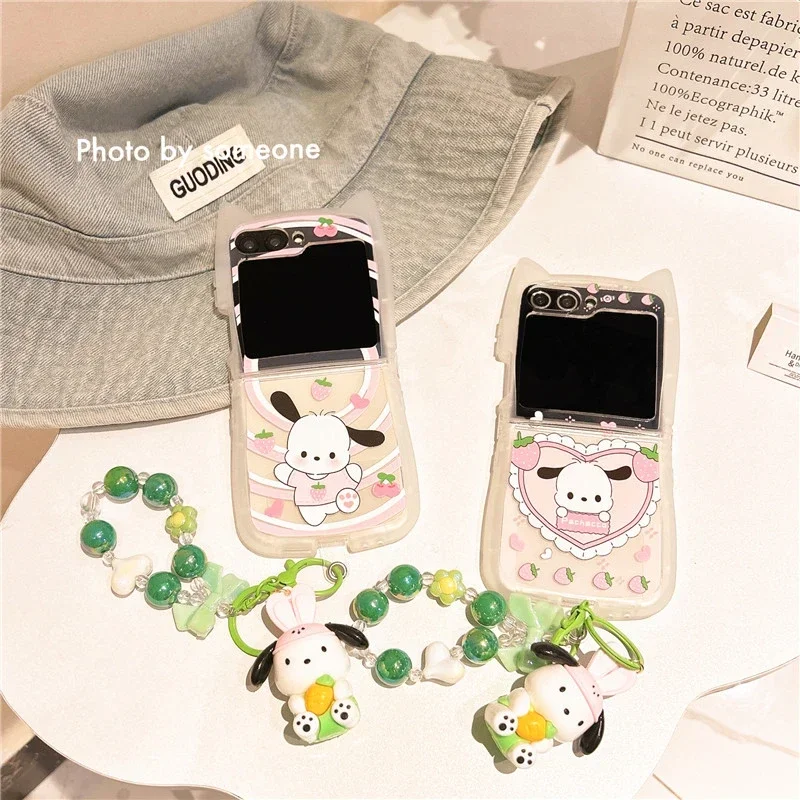 Funda de teléfono Sanrio Pochacco con dibujos animados 3D para Samsung Galaxy Z Flip 6 5, funda transparente de TPU suave para Z Flip 3 4 con cordón