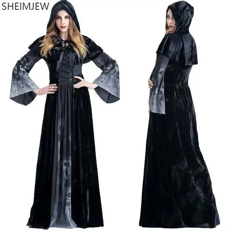 Women's Witch Vampire Costume Halloween Role Play Adult Zombie Skull Print Long Cape Dress Party Carnival Party Cape Costume