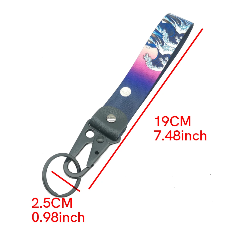 JDM Car Keychain Key Strap Textile Key Ring Buckle Lanyard Kanagawa Surf Ukiyo-e Japanes Culture Decoration Auto Accessories
