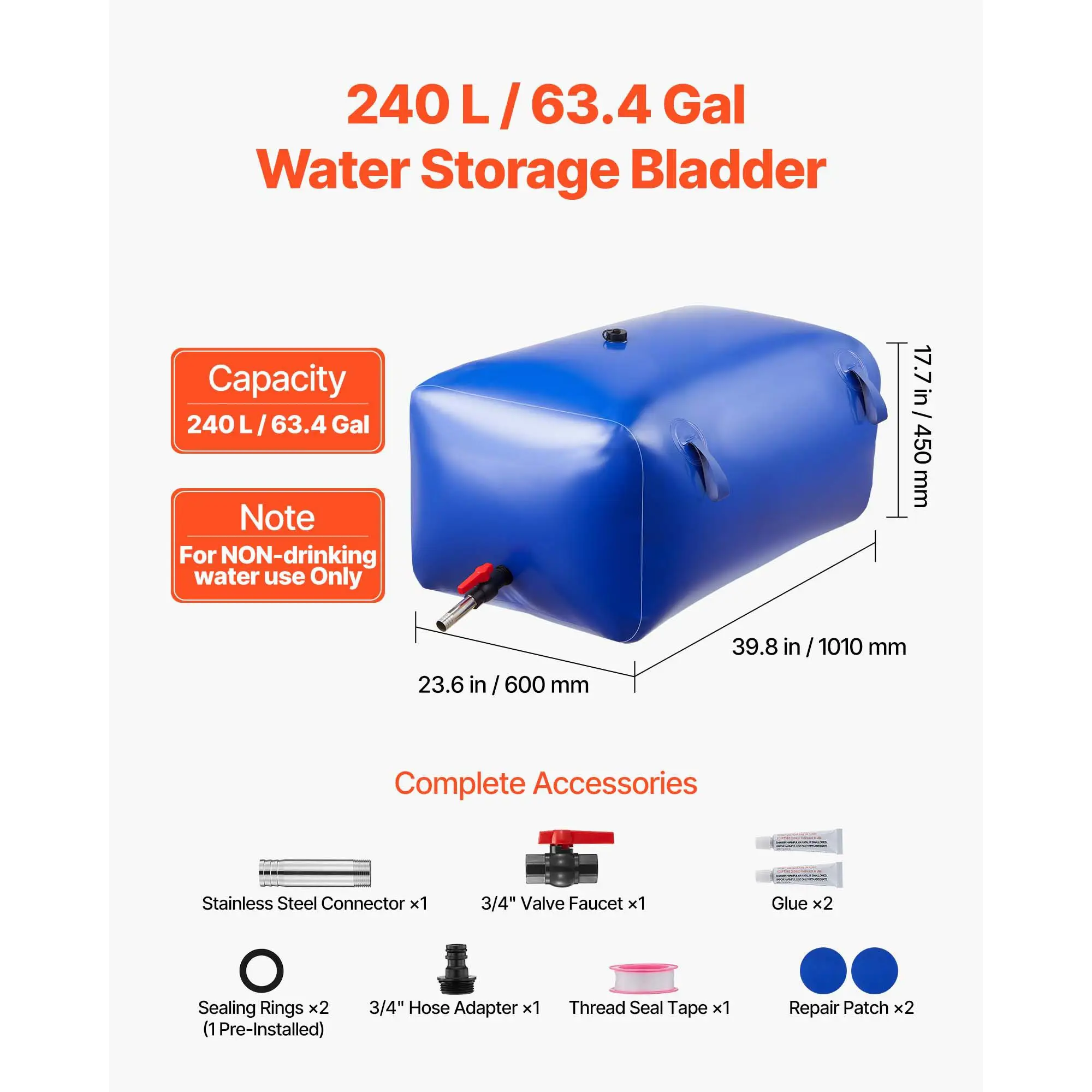 Water Storage Bladder 63.4 Gallon Large Capacity Water Bag, Portable & Collapsible Soft Waters Container, Leakproof & Tear-Resis