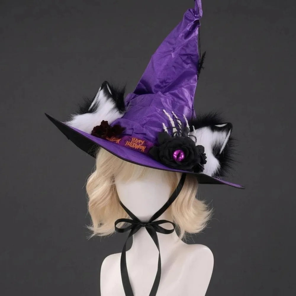 Feline Ear Witch Hat Flower Accent Arachnid Ornament Witch Hat Costume Accessory Cosplay Sturdy for Dress-up, Performance 5