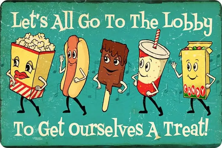 

Cute Movie Theatre Gaming Room Snacks Sign - Lets All Go To The Lobby Vintage Wall Decor ; (031)
