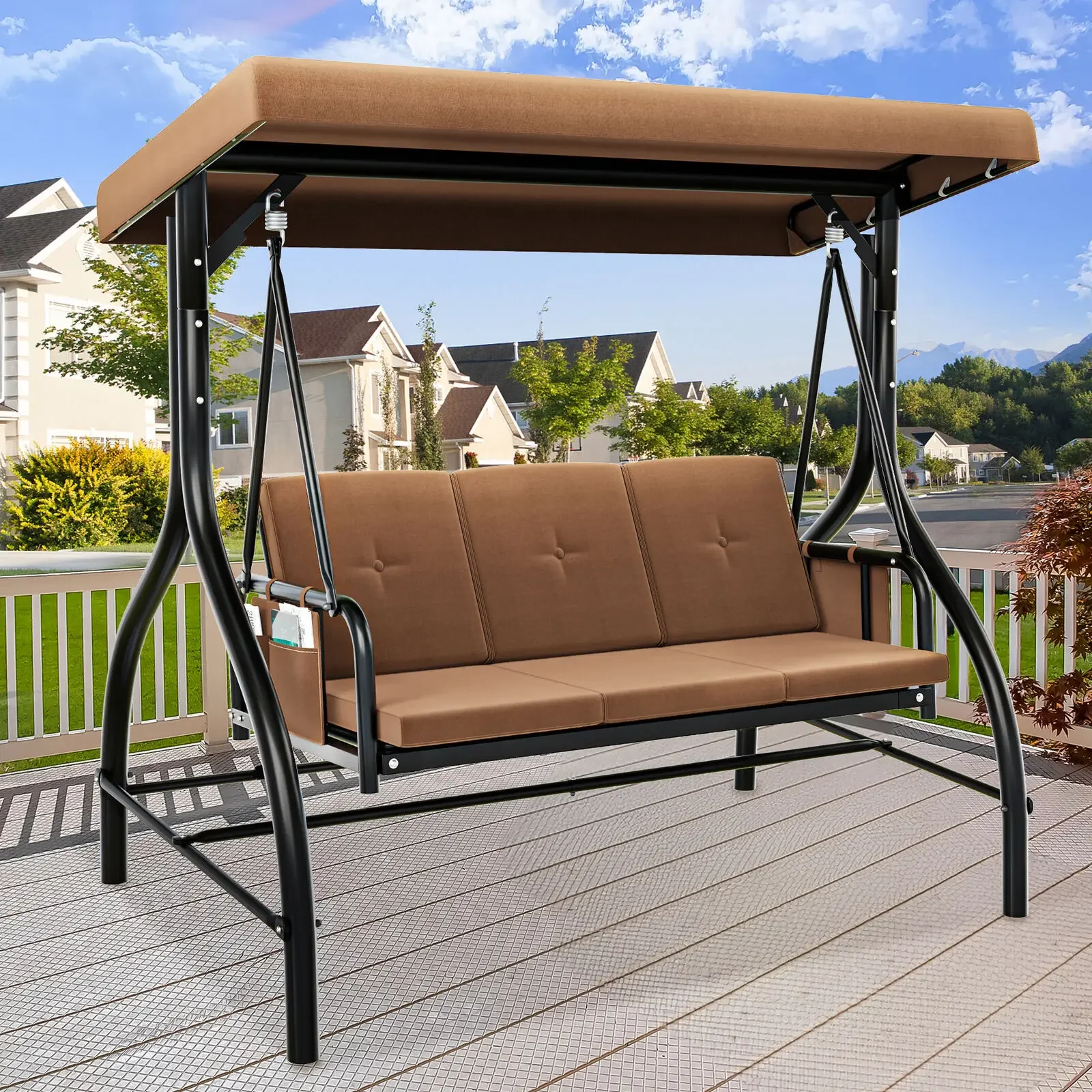 Outdoor 3-Person Patio Swing Chair Porch Swing with Adjustable Canopy Cushion Balcony Furniture