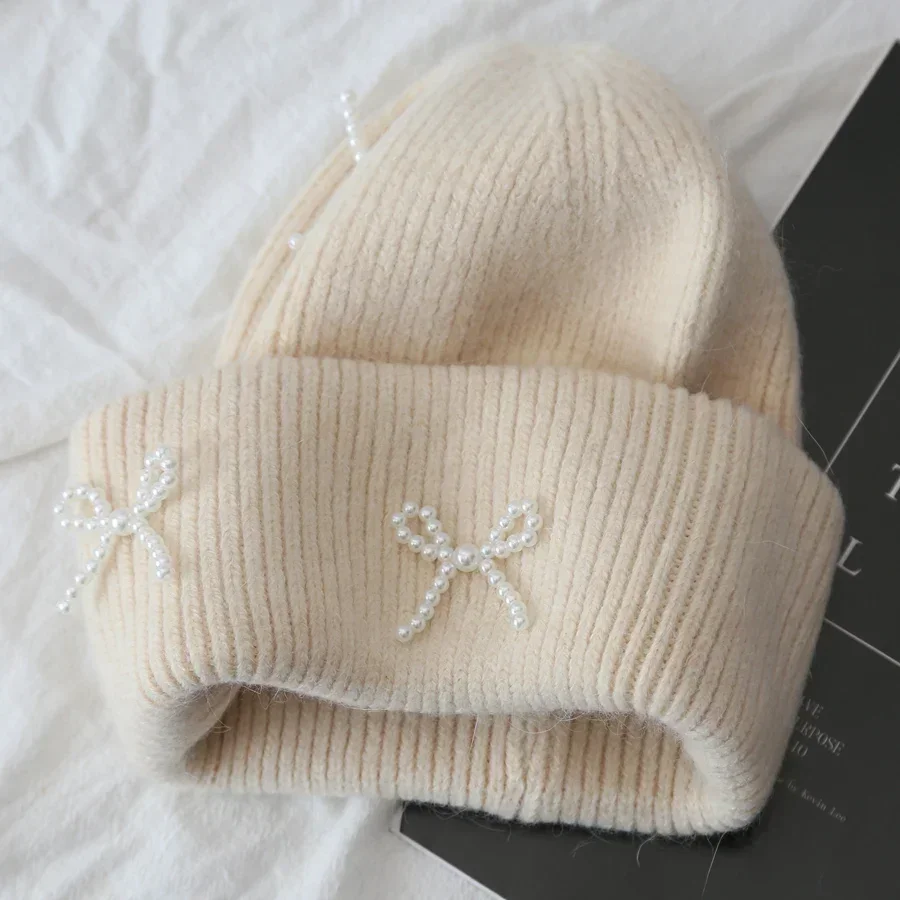 Corea Ins Bowknot perla cappelli lavorati a maglia Angora pelliccia di coniglio Y2K cappello invernale donna ragazze soffici berretti caldi peluche