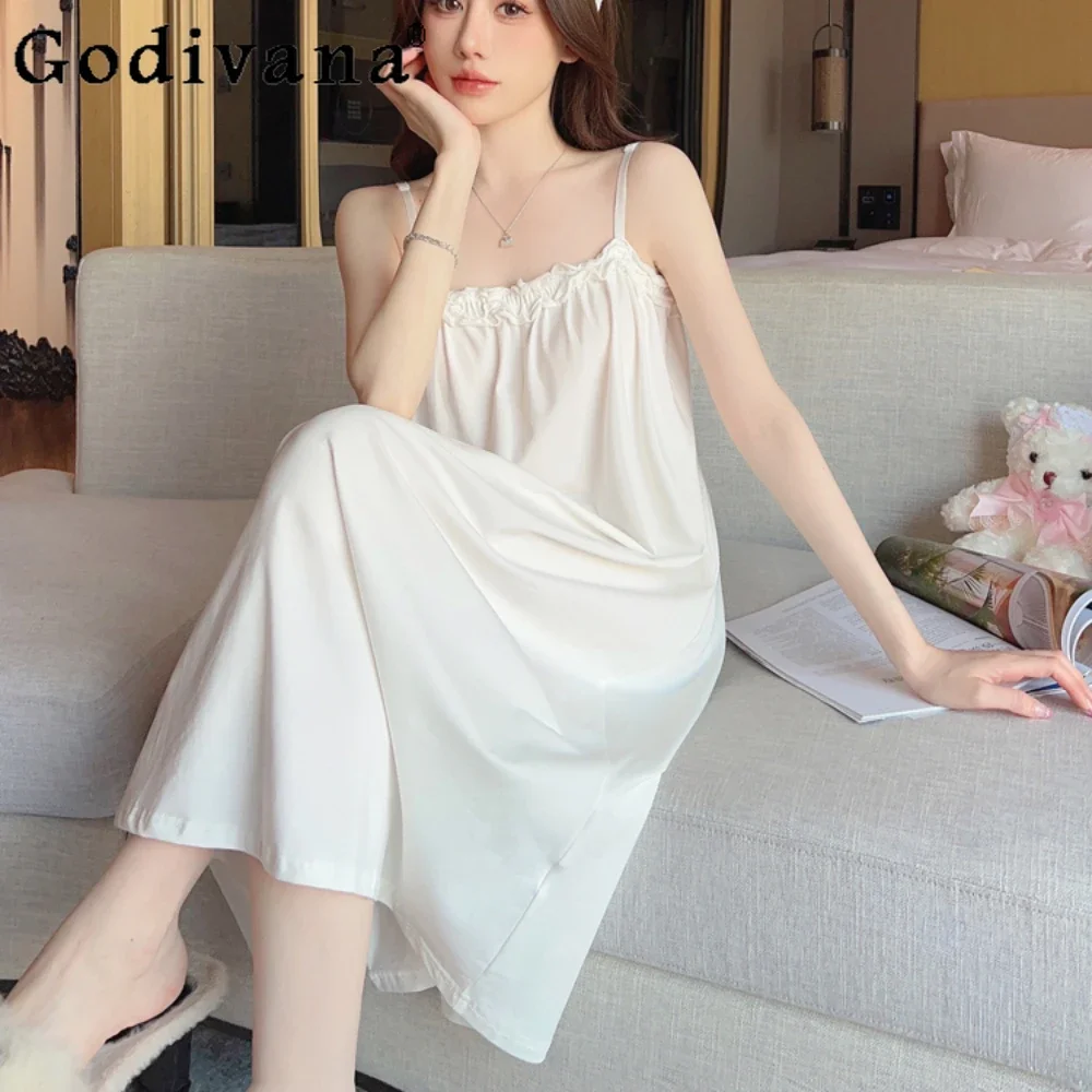 

Summer Sling Cotton Sleepwear Court Style Pajamas Loose White Nightdress Ladie's Nightwear Nightshirt Loungewear