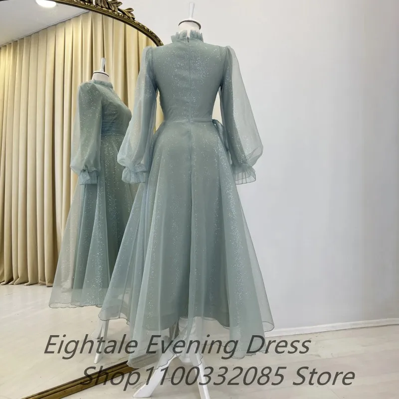 Customized Turkey Arabia Muslim Engagement Shinning Fabric Evening Dress Puff Sleeve Tea Length Party Dress A Line Formal Gown