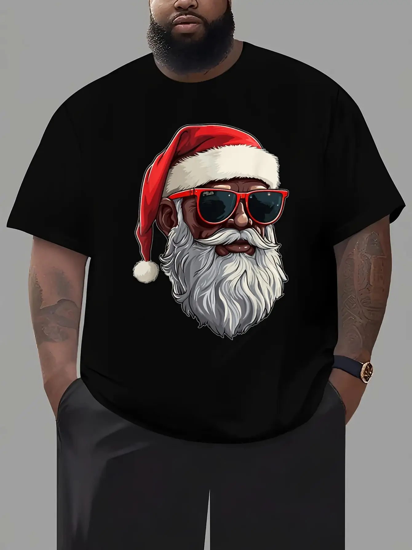 African American Santa Claus Black Christmas Novelty Cool Pattern T-Shirt, Casual T-Shirt, Street Style Top for Men, Streetwear, Casual Wear, Patterned T-Shirt, Urban Fashion, Breathable Material, High-Quality Stitching, Printed Top, Short Length