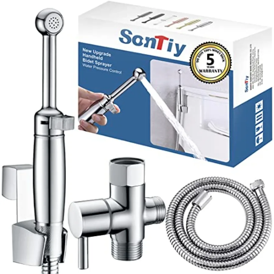 

Handheld bidet sprayer for toilet with all-metal construction and backflow preventer adjustable water jet spray for hygiene and