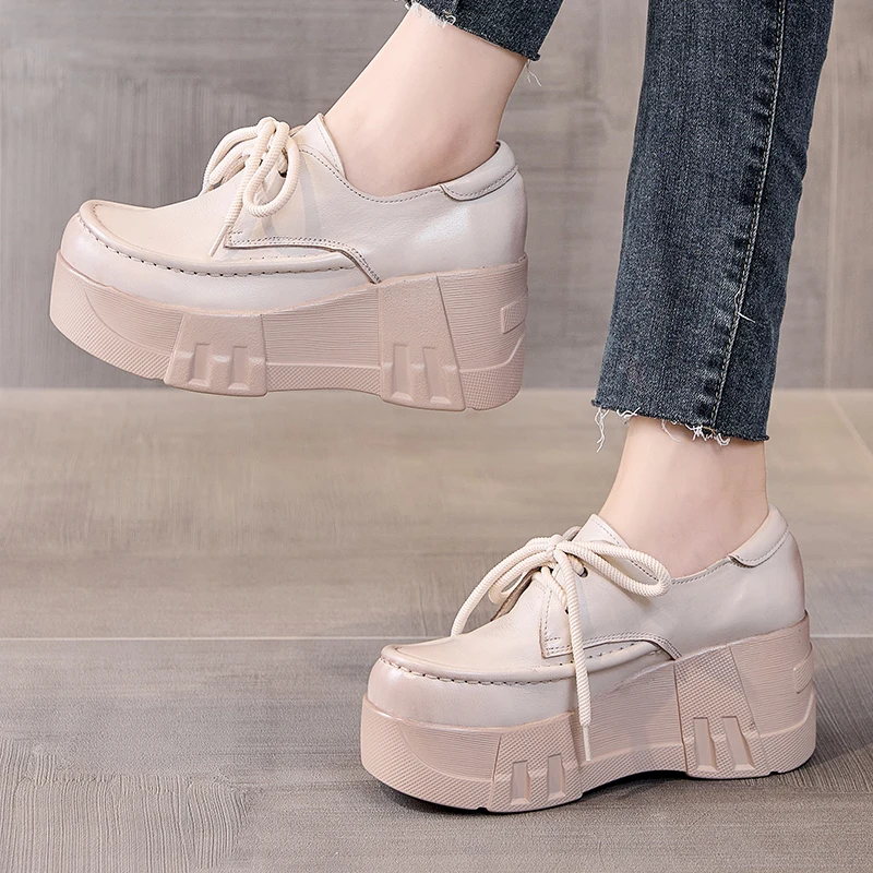 GKTINOO 2024 Spring New Genuine Leather Pumps Thick Soled Women Shoes Retro Comfortable Round Toe Wedges Platform Shoes