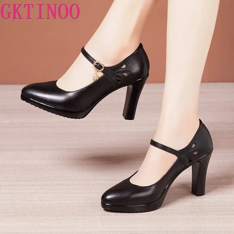 GKTINOO Lady Pumps Pointed Toe Office Lady Pumps Buckle Strap Platform High Heels Women Shoes Plus Size Genuine Leather Shoes