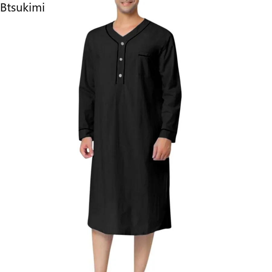 

New 2025 Men Jubba Thobe Solid Color Pajamas Fashion Solid Loose Muslim Robe Long-sleeved Nightgown Bathrobes Mens Muslim Kaftan