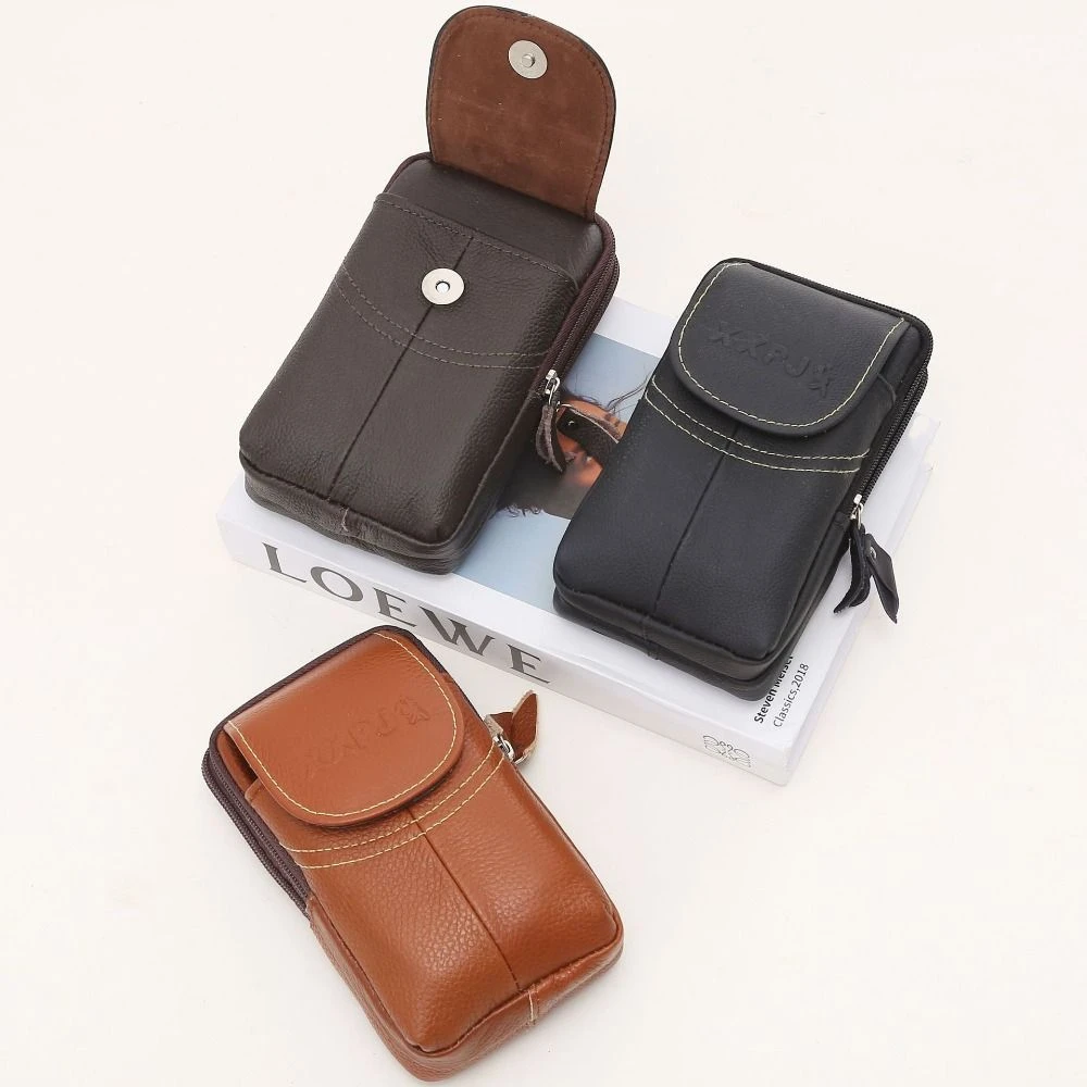 جلد البقر الرياضة في الهواء الطلق الخصر حقيبة عمودي بلون الهاتف المحمول الحقيبة مقاوم للماء متعدد الطبقات حزام الهاتف شنقا الحقيبة