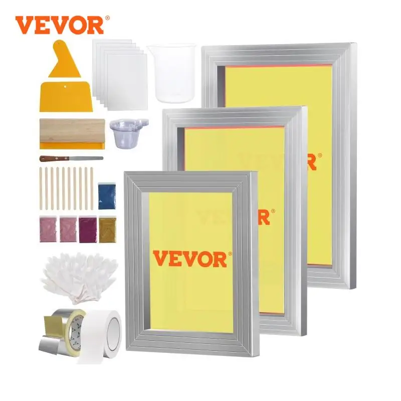 VEVOR Screen Printing Kit 2/3 Pieces Aluminum Silk Screen Printing Frames 110 Count Mesh 5 Glitters and Screen Printing