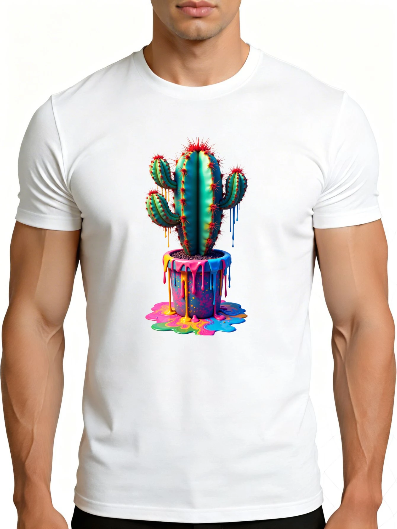 Men's Graphic T-Shirt - Breathable, Soft, Lightweight - Colorful Cactus Paint Drop Art - Vintage Fun Pattern Casual Short Sleeve Summer Top, Gift for Him