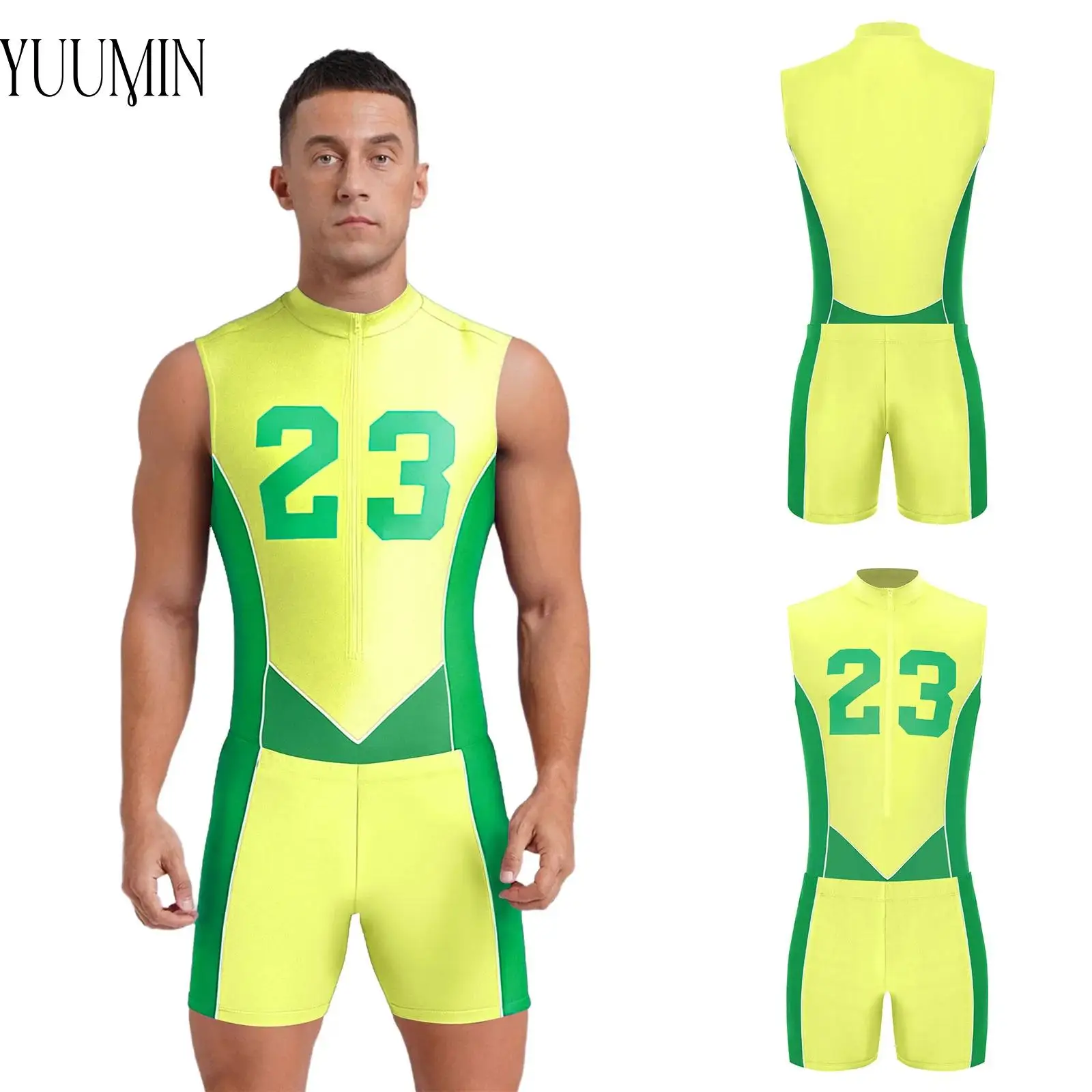 

Mens 2-piece Swimsuit Color Block Sports Outfit Sleeveless Front Zipper Leotard with Shorts for Cycling Swimming Running Workout