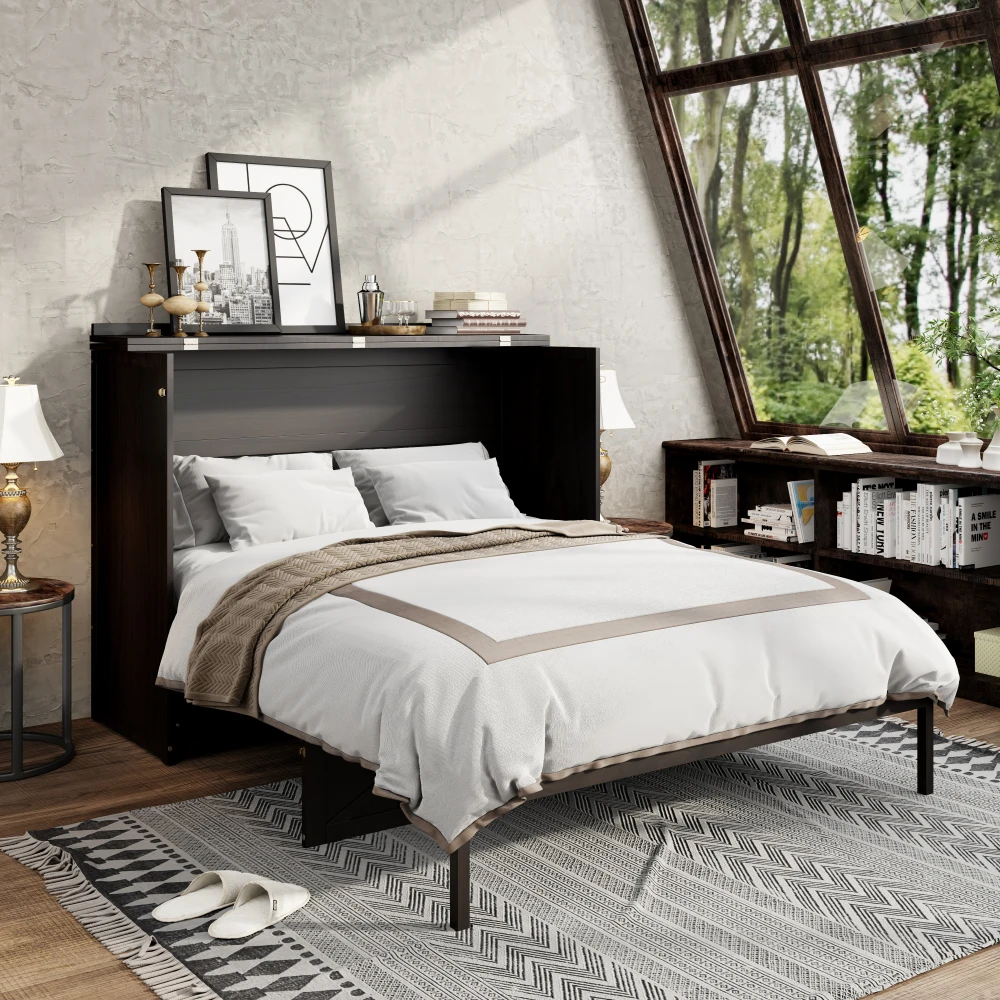 سرير ميرفي بحجم كوين مع أدراج كبيرة وUSB، وخزانة جانبية قابلة للطي مع منفذي USB ومنفذين ثلاثي الشق، بلون القهوة #1