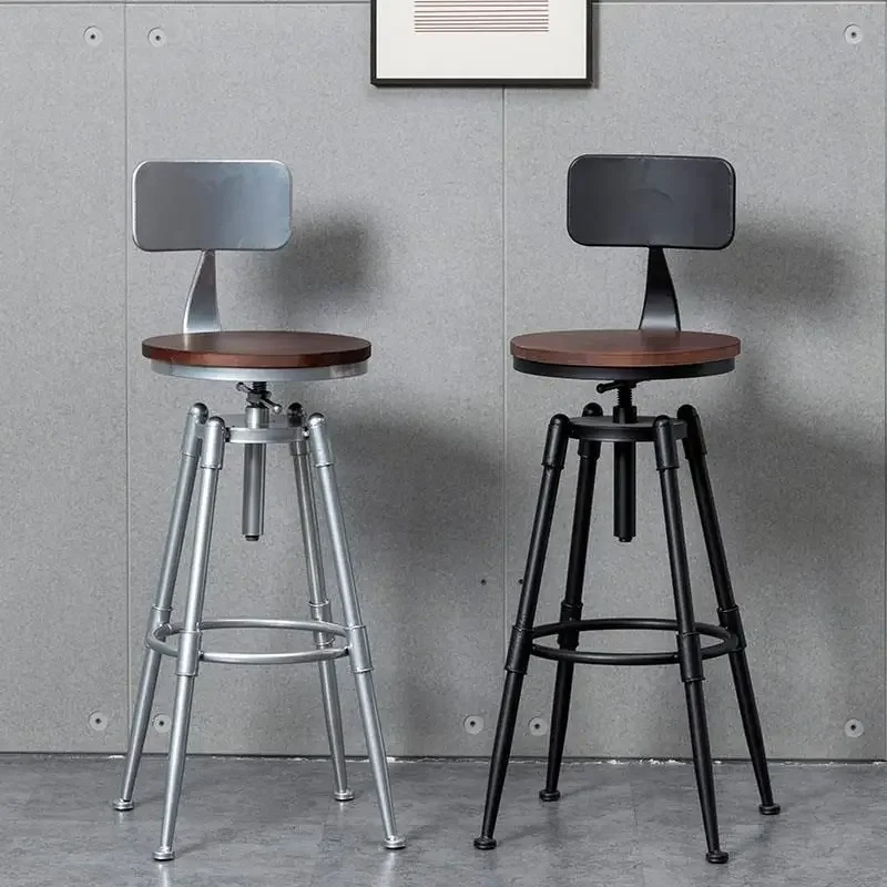 

Retro Industrial Style Bar Chairs Rotating Lifting Solid Wood High Footed Stools Iron Backrest Household Restaurant Bar Stools