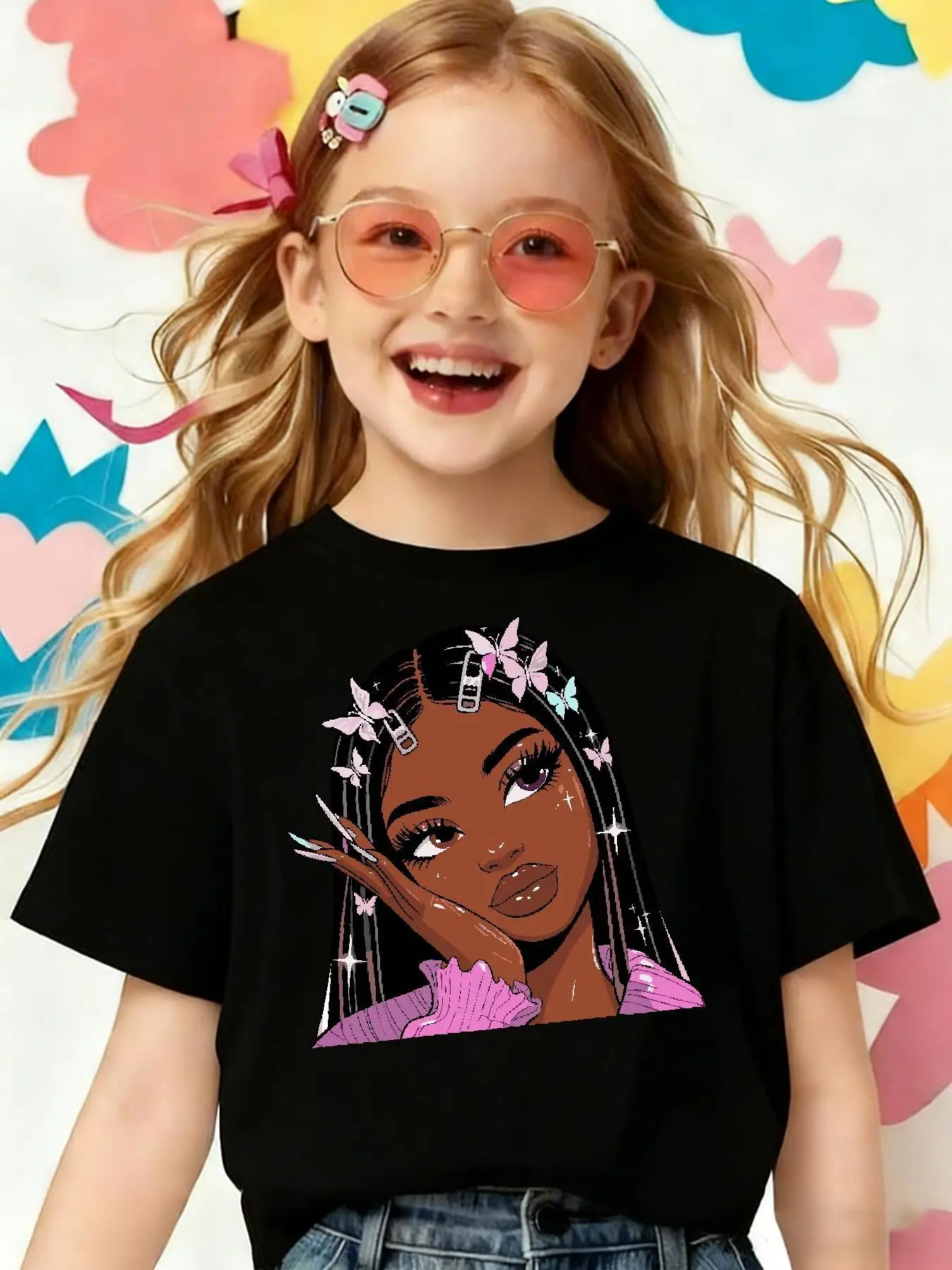 Kids Fashion Black Girl Butterfly Portrait Graphic Tee Boys Girls Family Matching Short Sleeve Trendy Stylish Everyday T Shirt