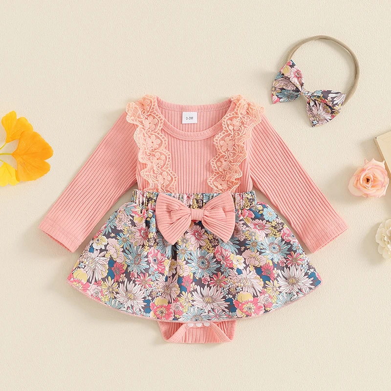 

2024-05-10 Lioraitiin 0-18M Baby Girls Fall Romper Dress Long Sleeve Floral Print Ribbed Patchwork Jumpsuit with Bow Headband