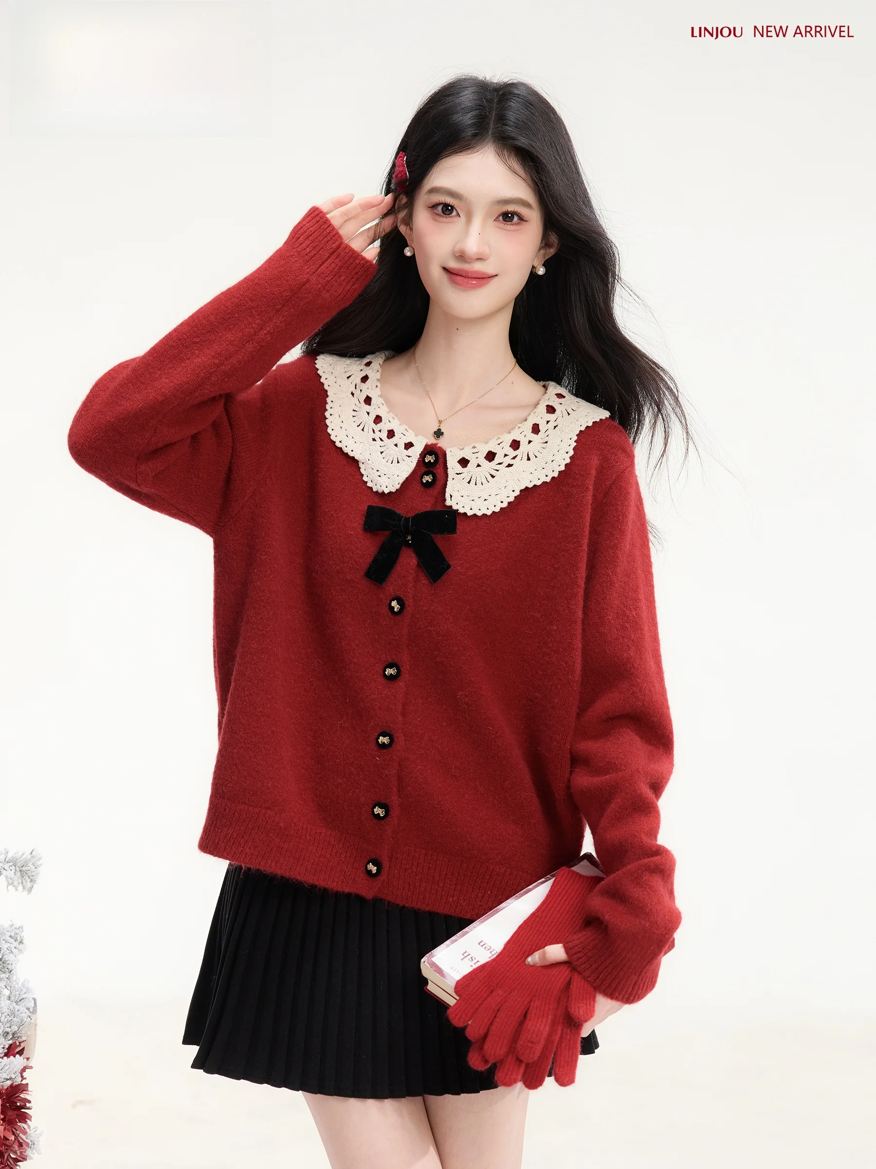 

Red Doll Collar Hook Flower Knot Sweater Cardigan Women's Winter Inner Wear Top Soft Comfortable Long Sve Knitted
