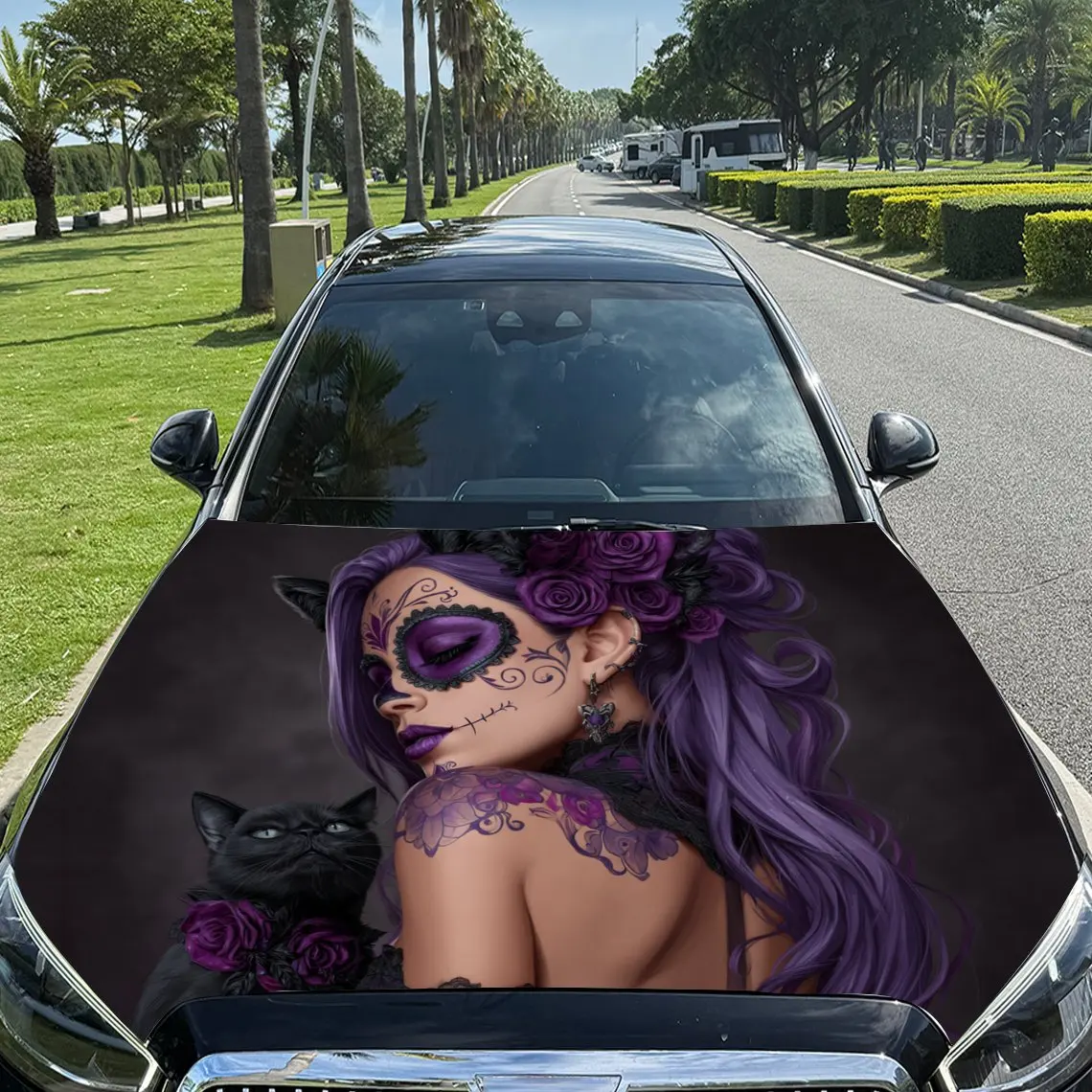 Purple Themed Girl with Skull Makeup and Black Cat Car Vinyl Wrap, PVC Material Waterproof Car Hood Sticker, Self-Adhesive Scrat