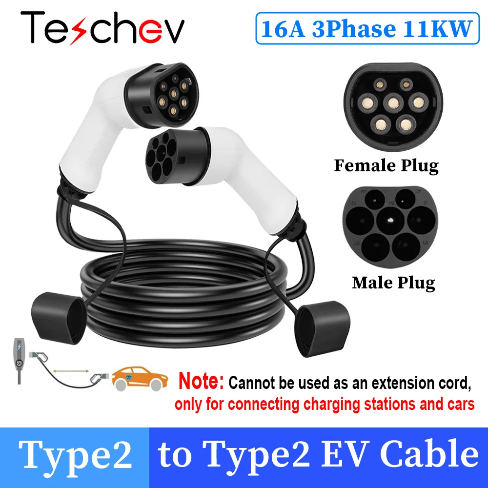 Teschev EV-oplaadkabel 16A 11KW 3-fase elektrische autolader 7KW 32A 1 fase EV-kabel Type 2 naar Type 2 IEC62196-2
