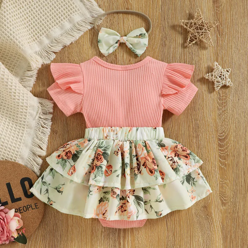 Newborn Baby Girls Bodysuit with Headband Summer Clothes 2023 Flower Print Fly Sleeve Crew Neck Dress Baby Items Things