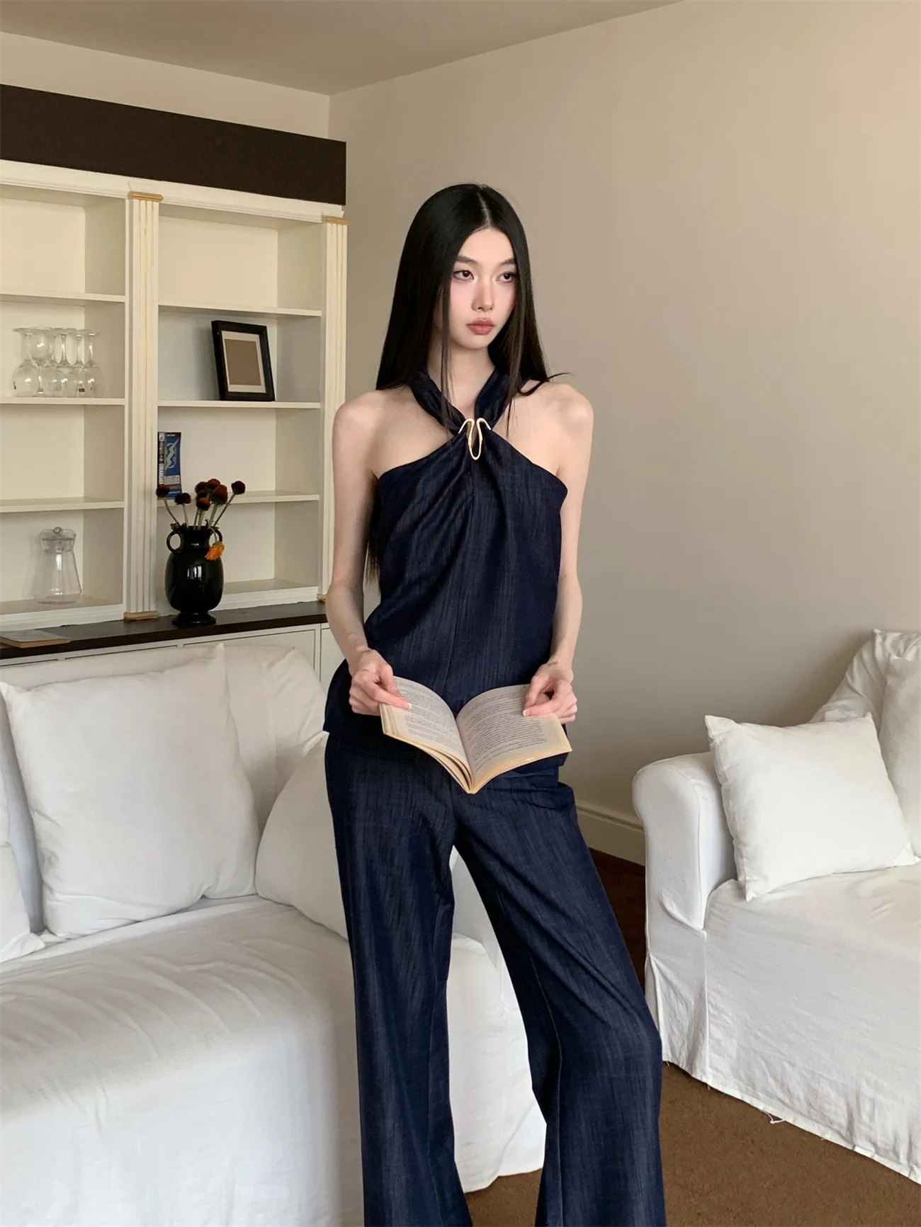 

Женский джинсовый комплект синих брюк, топы без рукавов с лямкой на шее и драпировкой с высокой талией, широкие брюки, универсальная рабочая одежда