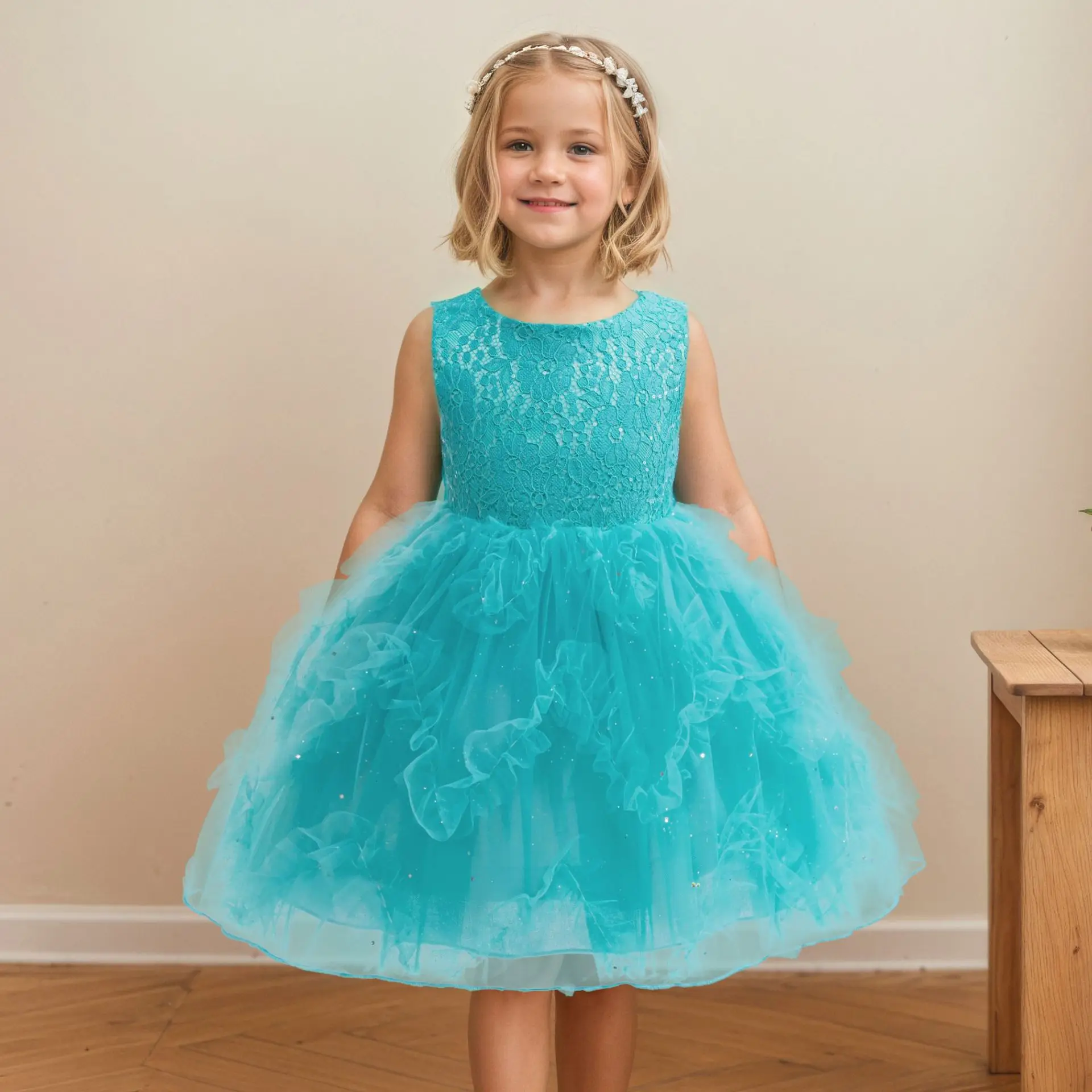 

Children Girls Sleeveless Sequins Embroidery Mesh Princess Dress For Kids Ceremony Birthday Party Performance Pageant Prom Gown