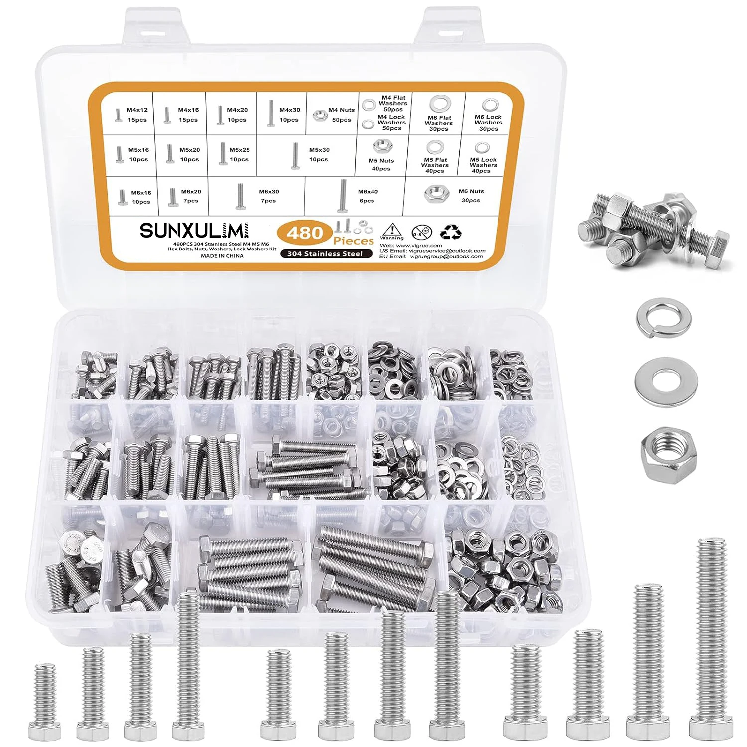 Kit surtido de tuercas y pernos M4 M5 M6, acero inoxidable 304 resistente, 13 tamaños comunes métricos incluidos, 480 Uds.