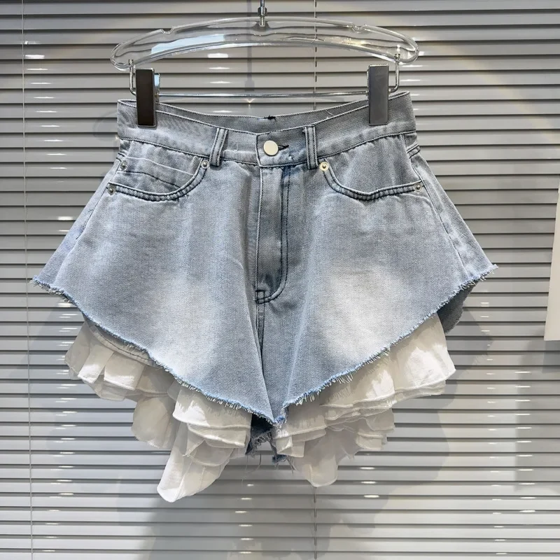 2024 New Summer New Collection Multi Layer Ruffles Patchwork Light Blue Wide Leg Denim Shorts Women Short Jeans GR088