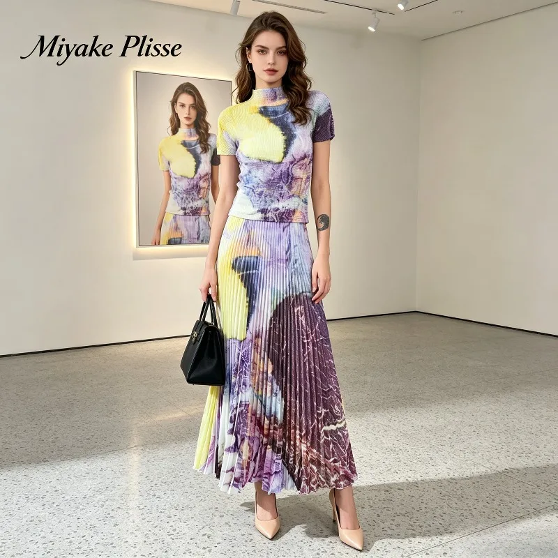 Miyake Pleated 2026 Summer New Fashion Pleated Print Plus Size Set Short Sleeve Top and Skirt Slim Fit Casual Two-Piece Set