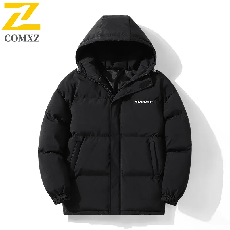 COMXZ Men Winter Cotton Coat Trendy Hooded Thickened Camping Lightweight Padded Jacket Cold Weather Warm Street Style Outerwear