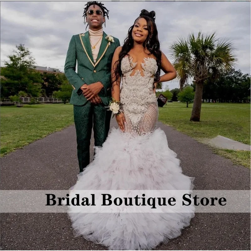 Luxury New Diamante Mermaid Wedding Dresses White Elegant Lace Beaded Applique African Women Birthday Party Ball Gowns Custom