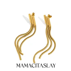MamacitaSlay 316L Stainless Steel Geometric Bar Triple Snake Chain Tassel Earrings 18K Gold Plated Waterproof Jewelry For Women