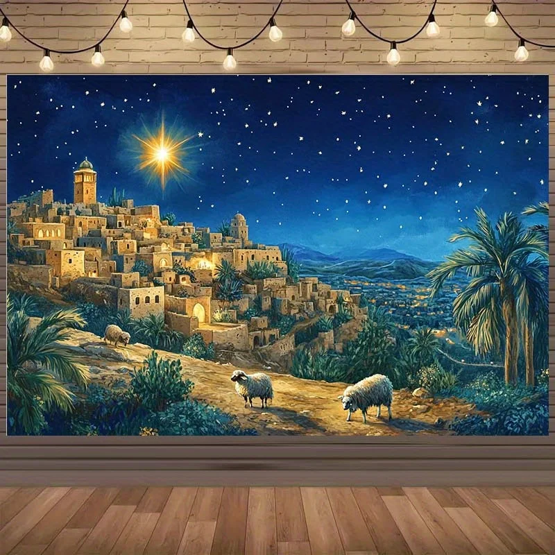 Bethlehem Night City Landscape mit Schaf- und Sternenelementen – Polyester-Party-Dekoration, Hintergrundbanner, Geburtstagsfeier