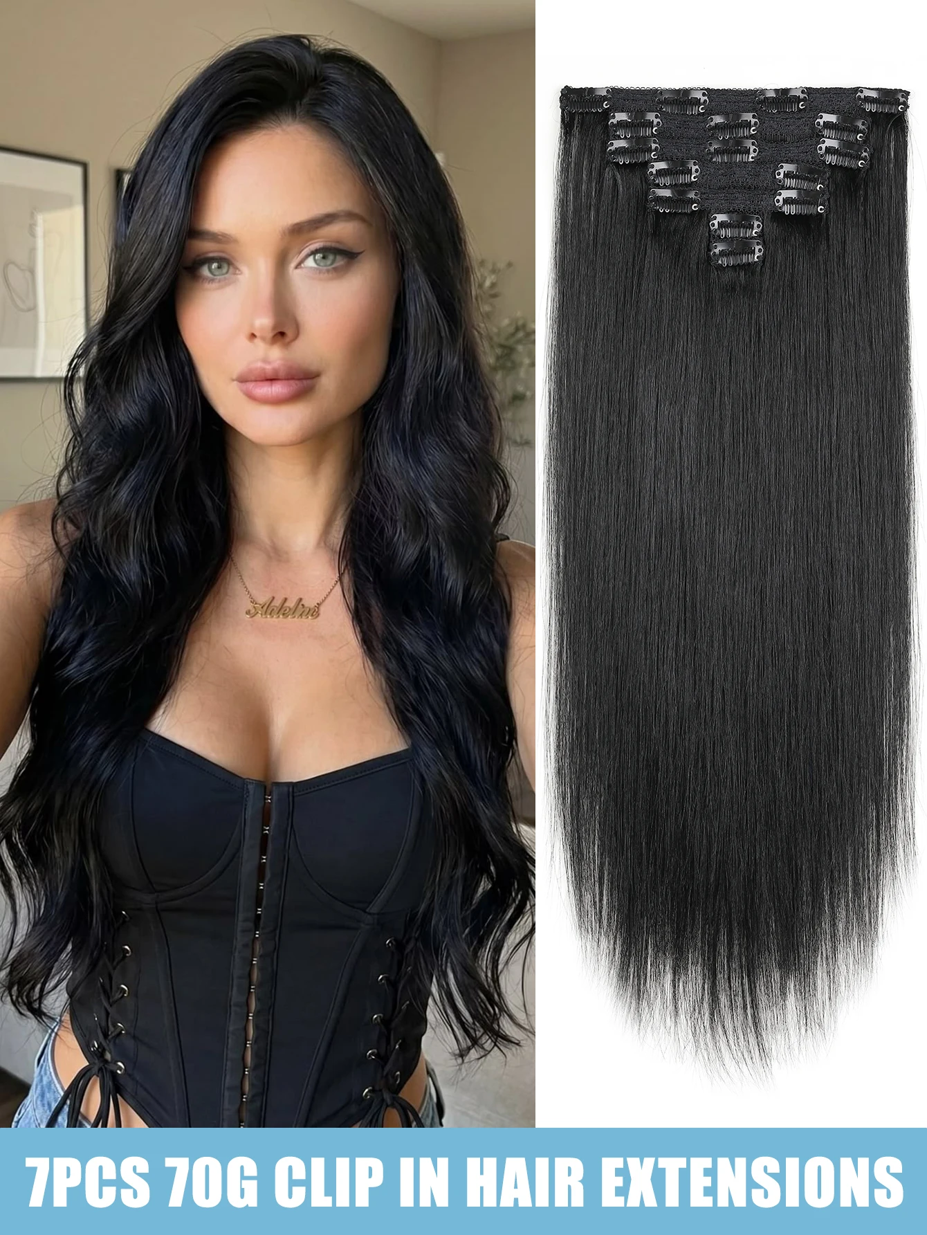 7 pièces 70g Extensions de cheveux naturels Remy à clipser, double trame, lisses, avec dentelle