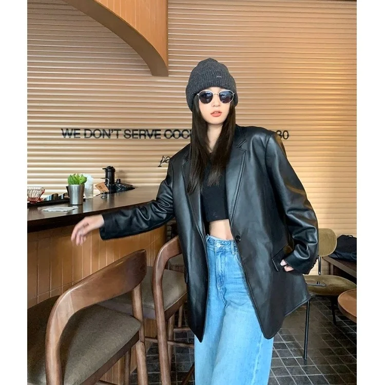 Bla PU Leather Jaet Women's Loose Hong Kong Sle Spring Autumn New Design High-End Feel Street Faion Retro Suit Coat