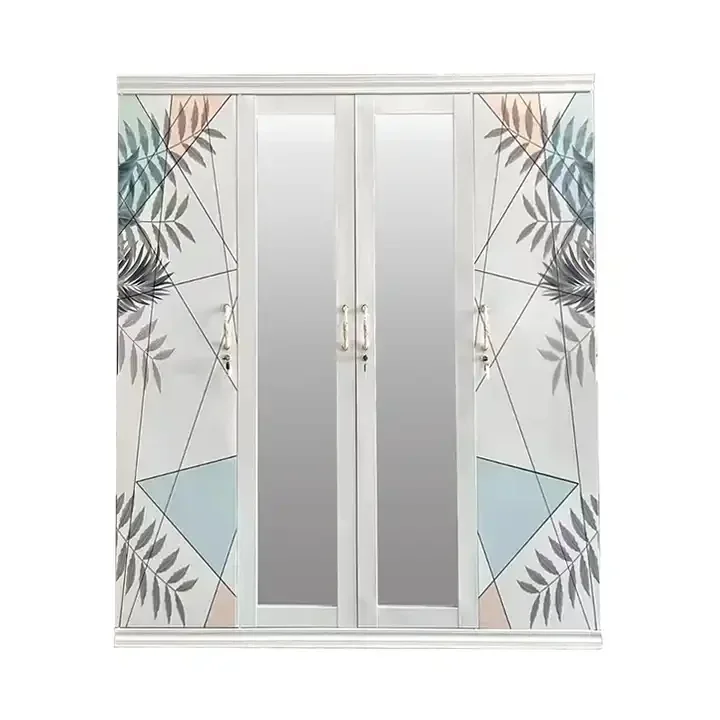 Top Quality Pattern Printing 4 Doors Mirror Door Steel Storage Wardrobe For Bedroom Furniture