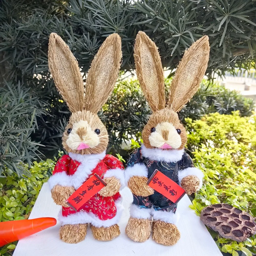 New 35cm Garden Decoration Handmade Hand Weave Garden Statues Photography Props DIY Standing Rabbits Pastoral