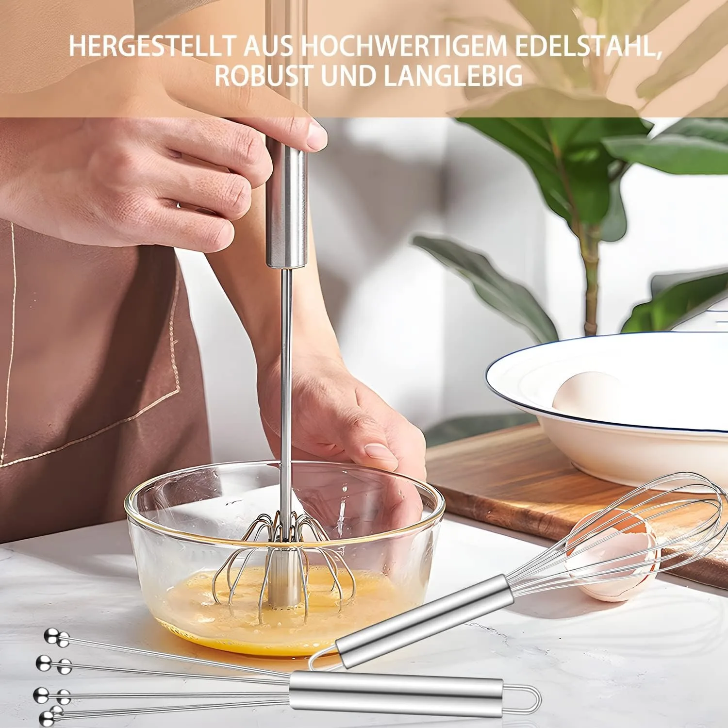 Stainless Steel Whisk Set (3-Piece) – Includes Balloon Whisk, Flexible Whisk with Beads, and Semi-Automatic Whisk